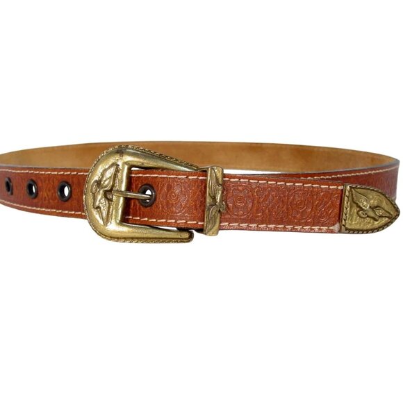 HANDMADE Brass Eagle Buckle Embossed Leather Belt Women's M - Made in GREECE - Picture 2 of 6